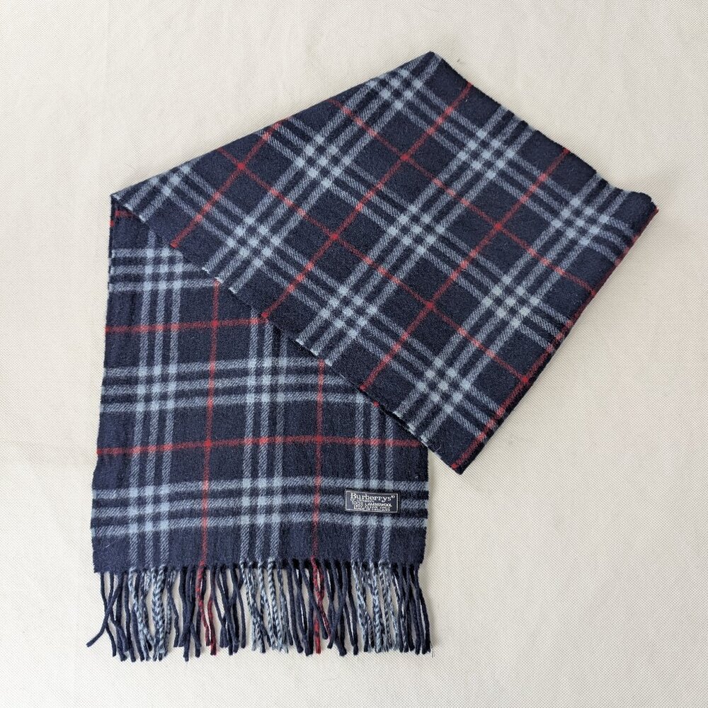 Burberrys Unisex Check Lambswool Scarf Navy Pre-Loved Soft Warm Designer Wrap